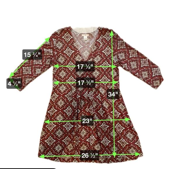H&M V-Neck Abstract Print Midi Dress 3/4 Sleeve Rust Red Tan Women’s Size 2 - Picture 8 of 8
